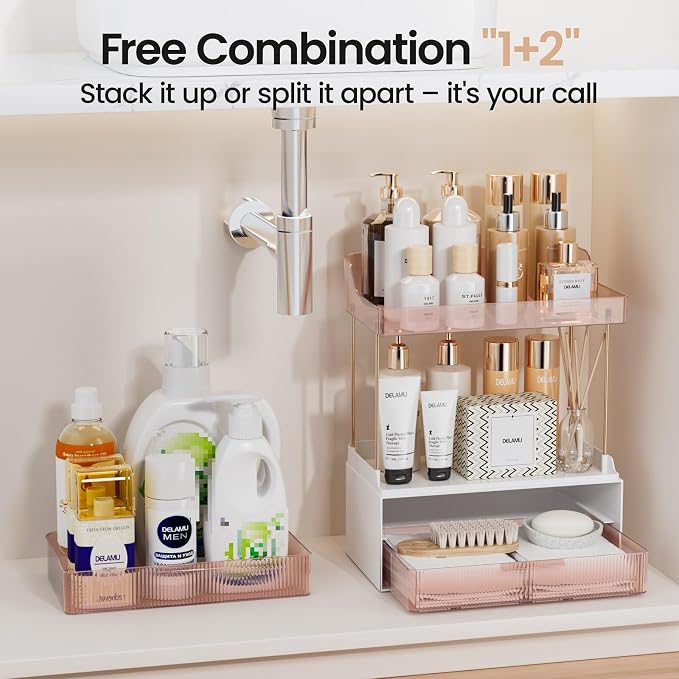 Delamu 4-Tier Makeup Organizer, Bathroom Counter, 2 Drawers, Grapefruit | Elegant Vanity Organizer Gift for Women, Holds Perfume, Skincare, Nail Polish & Hair Accessories for Bathroom Countertop