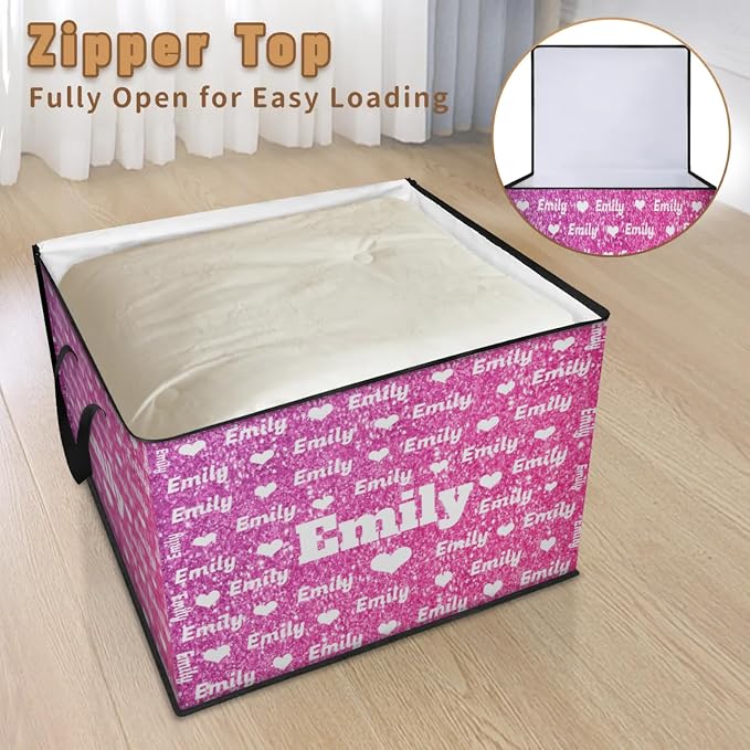Custom Comforters Storage Basket with Lid, Personalized Name Large Organizer Bin for Pet/Children Toys, Books, Clothes, Perfect for Rooms/Playroom, Water Pink Glittering with Love Hearts