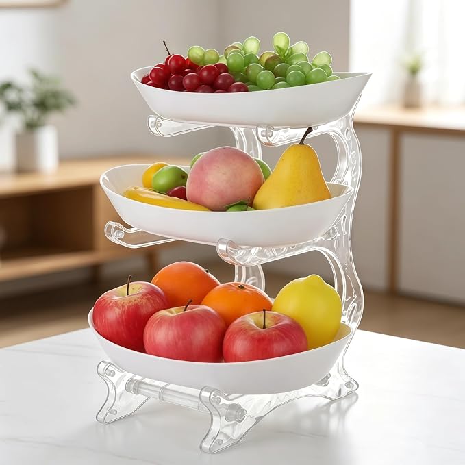 3 Tier Fruit Bowl Stand with 3 Removable Oval Dishes, Large Capacity Multi Layer Snacks Storage Rack, Heavy Duty Transparent PET and PP Organizer for Kitchen, Living Room, Desktop, Home Use