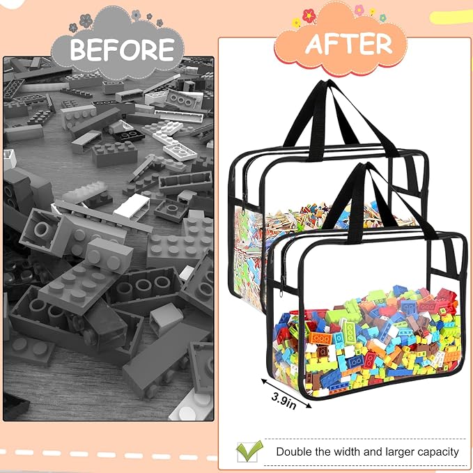6 Pcs Large Toy Storage Bags Reusable Clear Toy Organizer with Labels | PVC Waterproof Transparent Organizer Bags with Zipper for Building Blocks, Puzzle, Board Games Travel Storage, Save space