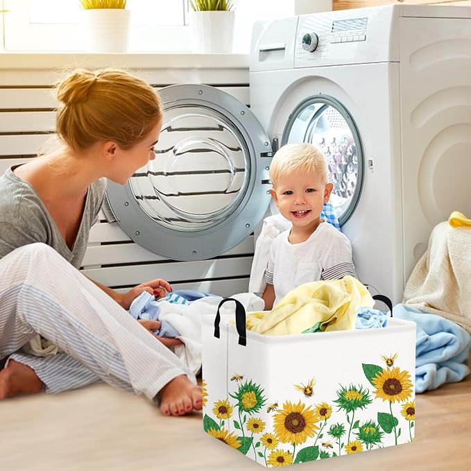 FXOLCSHE Rectangular Sunflower basket,Waterproof Canvas kids Laundry Nursery Hamper,Storage Baskets for Bedroom,Yellow Hamper,Gift Basketsr(Sunflower)