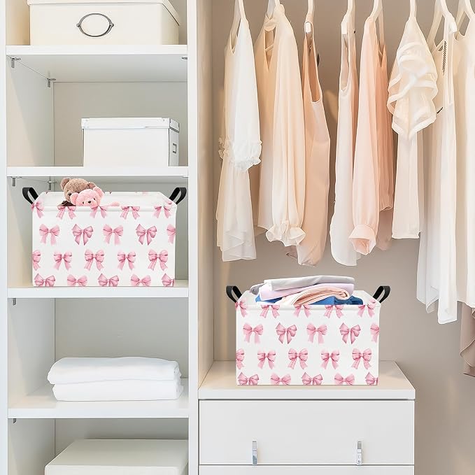 Rectangular Pink Bow Storage Bin,Closet Organizer Basket | Waterproof foldable bin with reinforced handles. Store garments, cosmetics & daily items, sweet gift for teen girls.