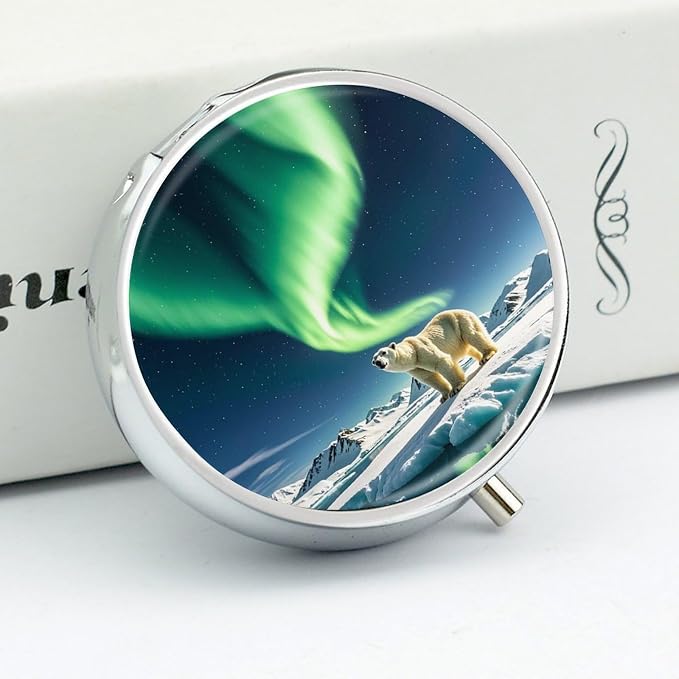 3 Compartment Medicine Pill Case, Northern Lights Polar Bear Round Pill Box, Portable Decorative Medicine Organizer for Pocket Or Purse Vitamin Organize