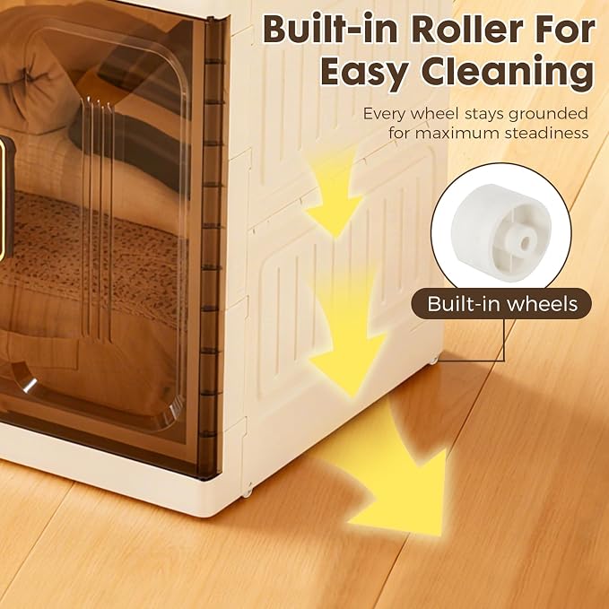Plastic Folding Storage Box Units, Pet Collapsible Clothes Organizers,White, Collapsible Wardrobe with Visualization Doors, Rolling Wheels