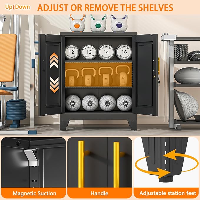 Small Metal Storage Cabinet, Lockable Tool Cabinet with Doors and 2 Shelves | 2 Adjustable Shelves, Locking Doors, Magnetic Closure, Adjustable Feet, Compact 27.6-Inch Width, Cold-Rolled Steel