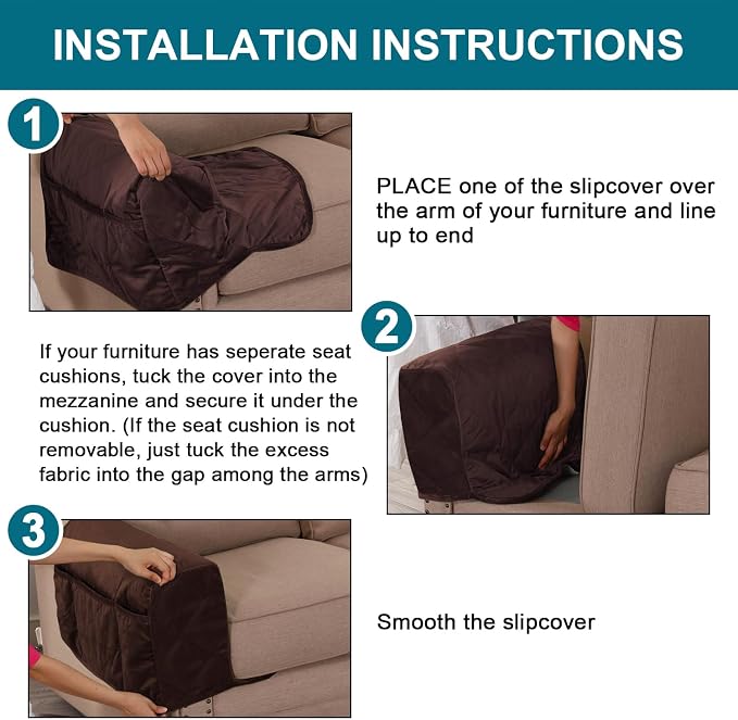 Velvet Quilted Armrest Covers - Water-Resistant Sofa Arm Protectors Set of 2 with Side Pocket Organizer, Non-Slip Furniture Covers for Chairs & Couches (Brown)