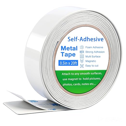 Adhesive Metal Strip for Magnets, (1/2' Wide x 20 ft Long) Flexible Metal Tape Roll, White Ferrous Tape Stick on Wall to Hold Magnetic Products
