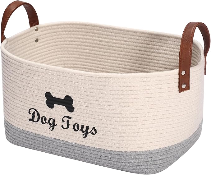 X-Large Cotton Rope Dog Basket with Leather handle Blanket Storage Basket Decorative Clothes Hamper Basket | Extra Large Baskets for Blankets or Laundry-Beige/Gray