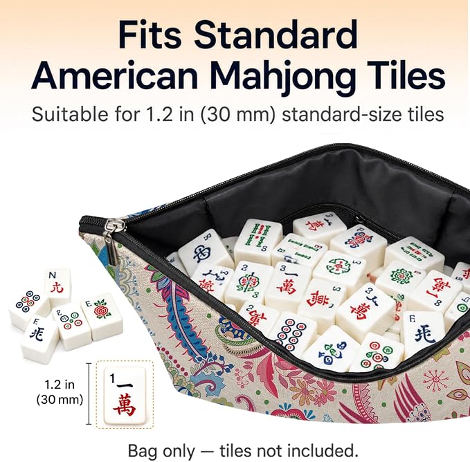 Colorful Paisley Empty Mahjong Tile Bag 13x7.8 Inch | Boho Floral Printed Portable Travel Case Organizer Zipper Pouch for American Mahjong Tiles Game Night Accessories and Gifts