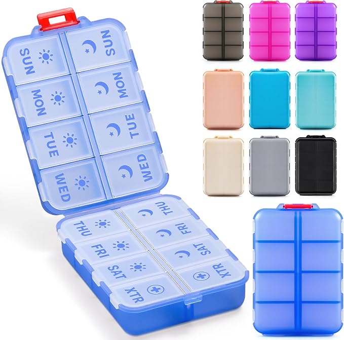 Foldable Weekly Pill Organizer 2 Times a Day with 2 Extra Compartments - Etched Labels - Portable 7 Day AM PM Medicine Box, Week Daily Travel Pill Case Holder for Meds, Vitamin, Supplement -Clear Blue