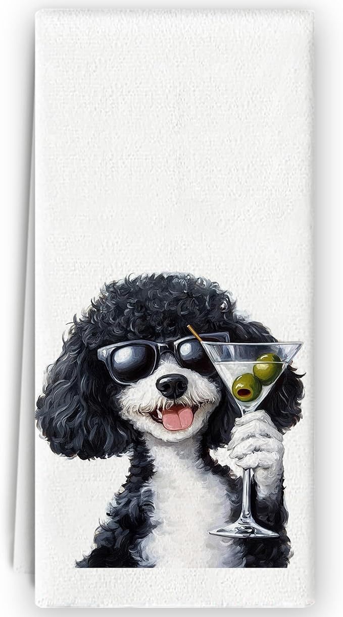 Funny Poodle Kitchen Towels - Funny Martini Lovers Gifts, Home Bar Decor, Black Poodle Dog Cocktail Hand Towels Dish Towels for Kitchen Home Bar, 16x24 Inch