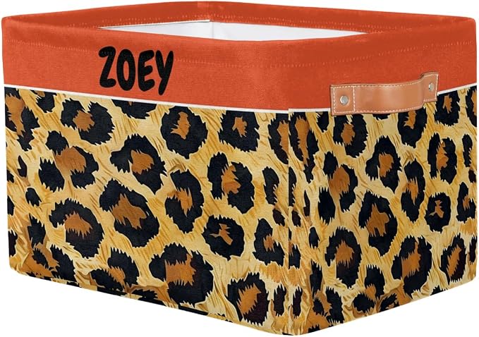 Personalized Storage Bins for Boys, Customized Name Leopard Print Storage Basket Rectangle Clothes Organizer for Organizing Kids and Pets Toys Shelf Closet