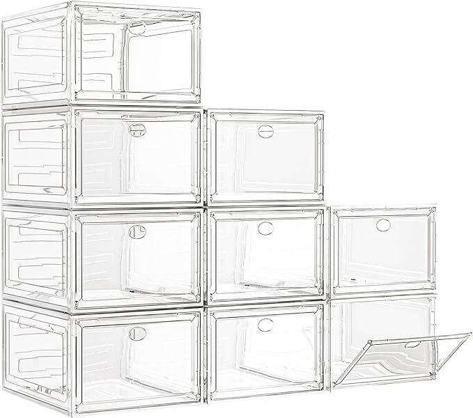 Large Thick Clear Shoe Organizer, Magnetic Door Stackable Shoe Storage Box | Foldable Shoe Storage Boxes for Sneakers & Boots, Space-Saving Closet Shoe Cabinet with Clear Magnetic Door, 9 Pack White