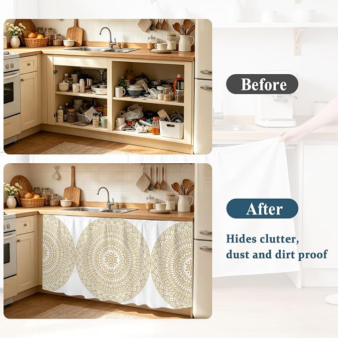 Beige Boho Sink Skirt 11"Wx13"L,Dustproof Under Sink Curtain with Self Adhesive Tape,Retro Farmhouse Ethnic Abstract Geometric Art Cabinet Curtain Cover for Bathroom Vanity,Kitchen Storage Shelf