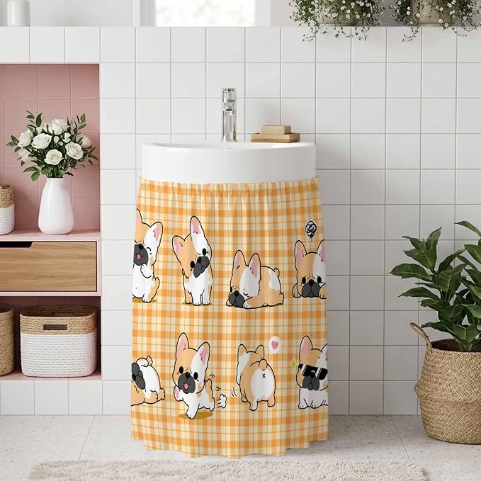 Cute Puppy Oven Skirt Curtain for Kitchen Decor 28"x35", Orange Beige Plaid Modern Funny Dogs Pet Self Adhesive Stove Curtains Skirt Cabinet Curtains for Bathroom Laundry Room