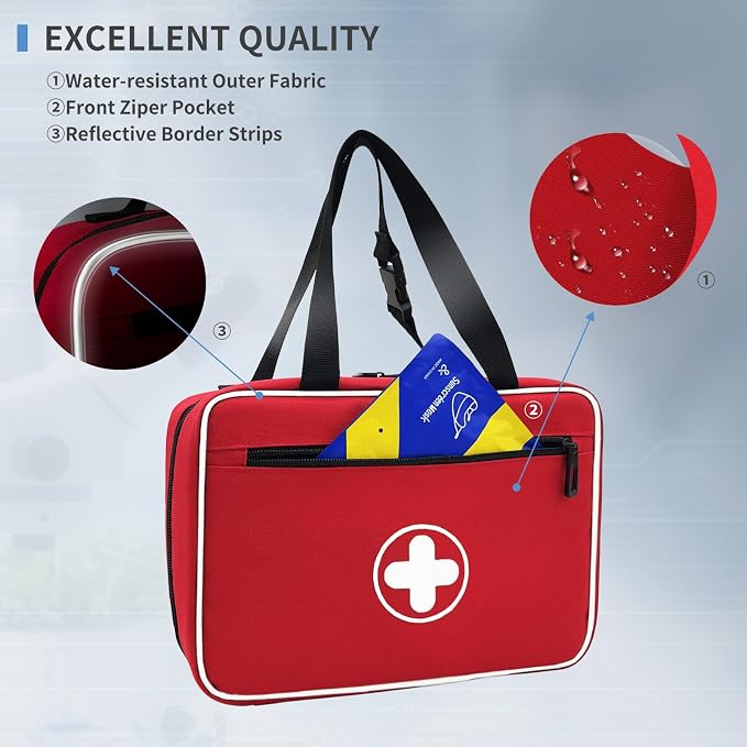 Portable First Aid Bag, Empty Emergency Trauma Kit with Reflective Strips, Multi-Compartment Medical Organizer for Travel, Camping, Car, Outdoor and Home, BAG ONLY (Red)