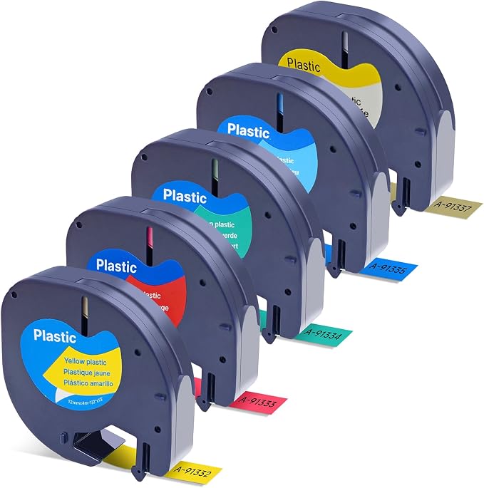 Compatible with Dymo LetraTag Refills 12mm Plastic Label Tape for DYMO Label Maker LetraTag LT100H LT100T 200B QX50, Black on Yellow/Red/Green/Blue/Gold, 1/2" x 13'(12mm x 4m), 5Pack