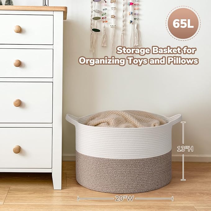 Goodpick 65L Large Woven Rope Basket for Blankets Living Room, 65L | 19.7 x 19.7 x 12.6 In Storage Basket for Toys Shoes, Cute Baby Laundry Hamper for Towels, Clothes, Mele