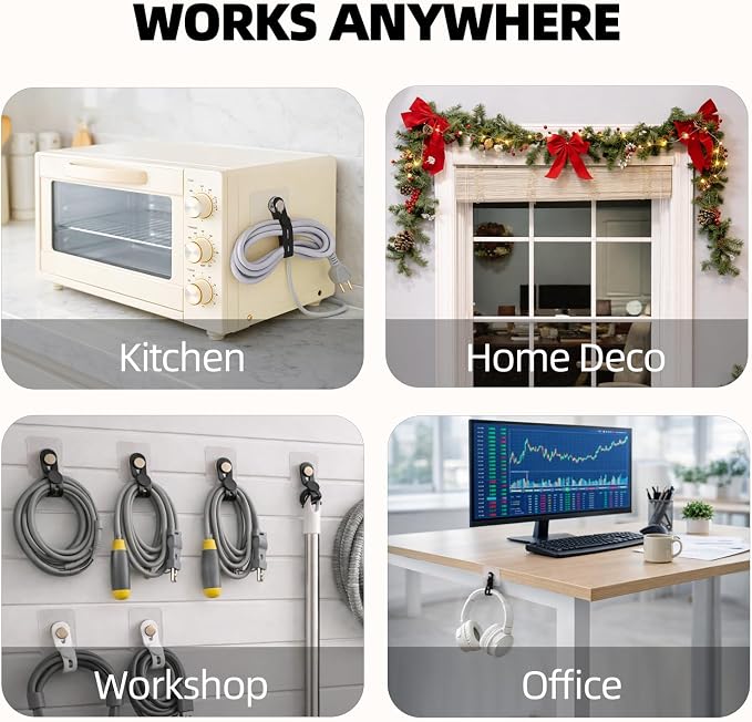Cable Organizer - Give Every Cord a Home So It's Easy to Find and Grab | 12 Strong Adhesive Hooks + 12 Reusable Silicone Ties, No-Drill Setup for Desks, Kitchens & Thick Power Cords