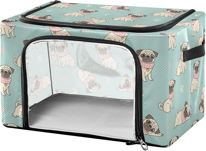 Cute Pets Pug Teal print Under Bed Storage Containers with Double Zipper Openings, Foldable Clothes Storage Bins with Clear Window and Handles for Comforters Bedding Blankets