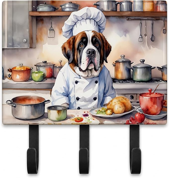 Caroline's Treasures Saint Bernard The Chef Leash or Key Holder Wall Hooks, Key Hooks Holder, Coat Rack Wall Mount, Coat Hooks, Hooks for Hanging Keys, Towels, Aprons, Leashes | Saint Bernard The Chef artwork on ceramic tile with three steel hooks for ...