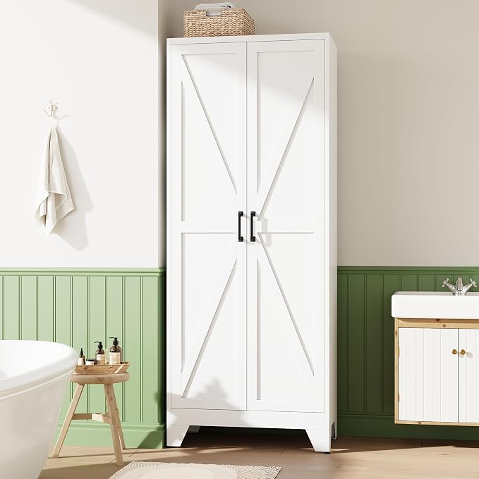 75" H Metal Storage Cabinet with 2 Doors and 4 Shelves,Tall Kitchen Pantry Cabinets,Farmhouse Utility Pantry Organizers for Cupboard/Dining/Bathroom/Home Office/Garage,White
