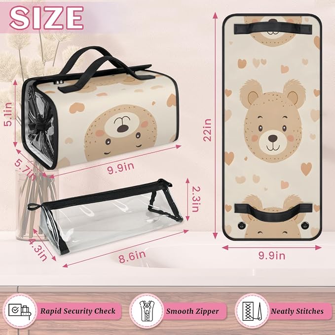 Bear Makeup Bag for Women Hanging Roll-Up Travel Organizer Toiletry Kit with 4 Removable Compartments, Cute Bear