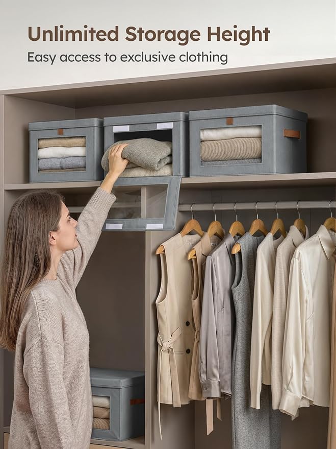 Medium Fabric Storage bins - Collapsible Storage Bins with Open Window, 2 Pack Closet Baskets for Shelves, Stackable Decorative Boxes for Home, Dorm, Grey, 13.7"x 9.8" x 9.8"