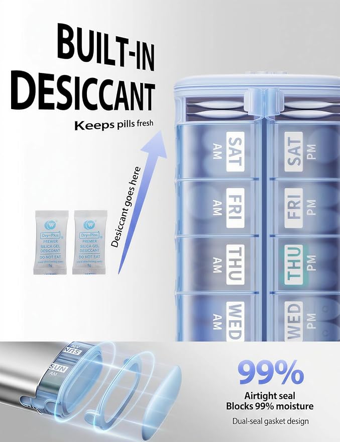 Vaydeer Metal 7 Day Travel Pill Organizer 2 Times a Day, Built-in Desiccant | AM PM weekly Travel Pill Case, Twice-Daily，Airtight Large Capacity Pill Box for Vitamins, Medication, Supplements & Fish Oil