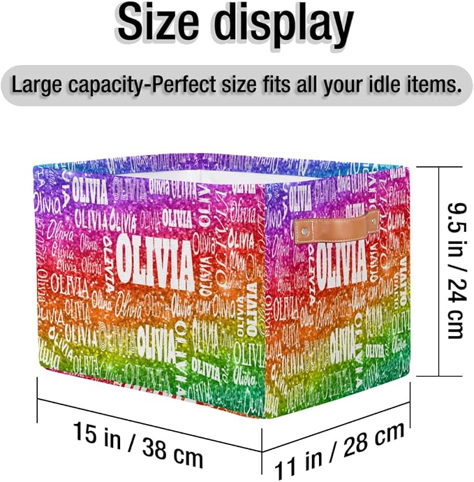 Custom Name Storage Bin, Bright Colorful Rainbow Sequins Glitter | Organizing Boys Girls Pets Toys Closet Shelf Clothes Books