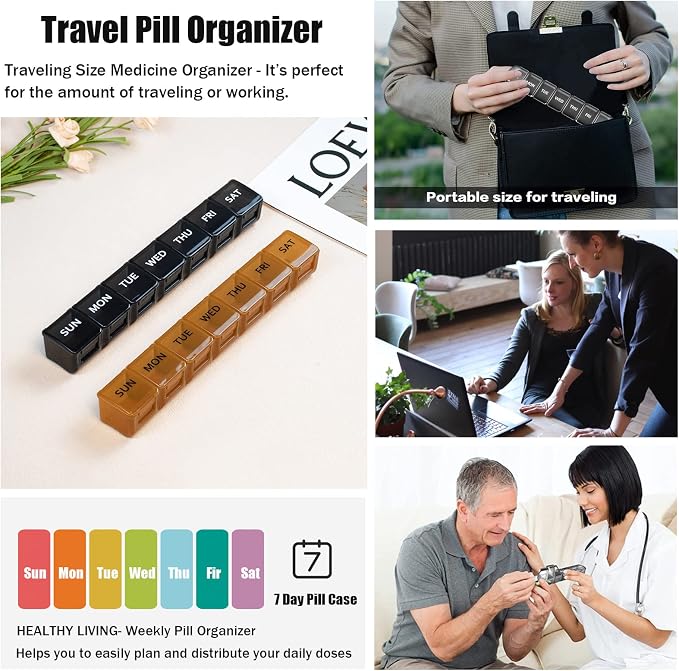 2 Pack Weekly Pill Organizer, Large 7 Day Pill Case, Daily Vitamin Case Medicine Box, AM/PM Pill Containers for Medicine Supplements Fish Oil (Black & Black)