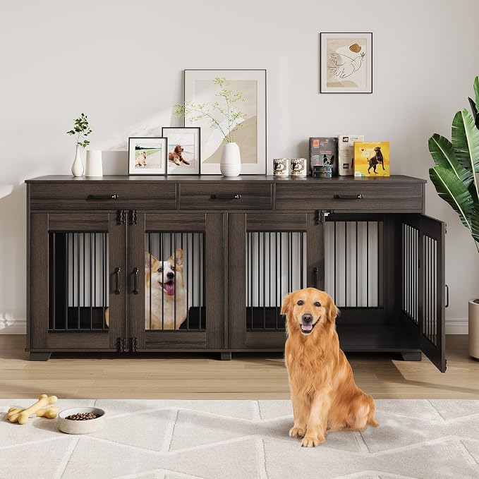 IDEALHOUSE 71-Inch Large Dog Crate with 3 Drawers for 2 Dogs, Walnut | Dog Kennel Furniture, Large Breed Dog Crate and TV Stand for Medium-Large Dog
