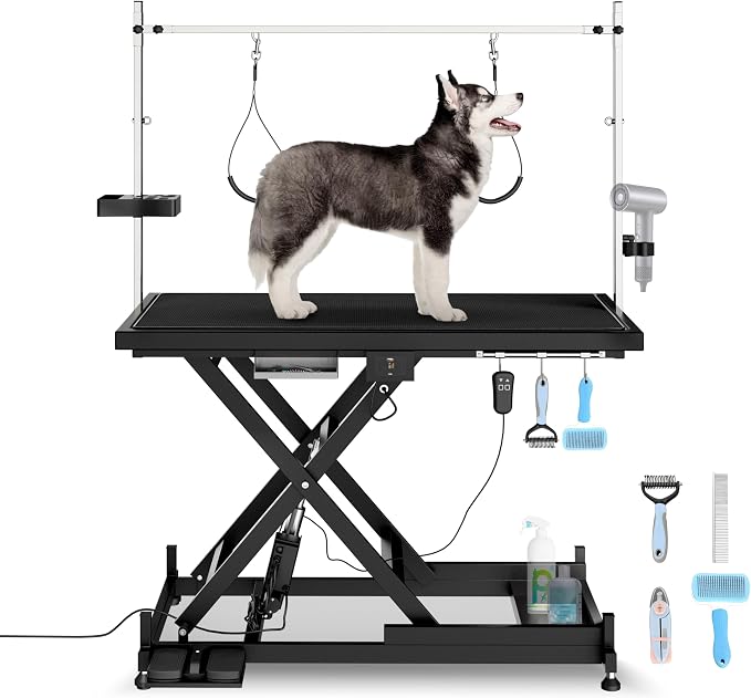 Electric Lift Pet Dog Grooming Table, Upgrade 50 Inch Heavy Duty 9'' -36'' Adjustable Height Professional Pet Grooming Table with Tool Organizer, Adjustable Overhead Arm for Large Dogs at Home, Black
