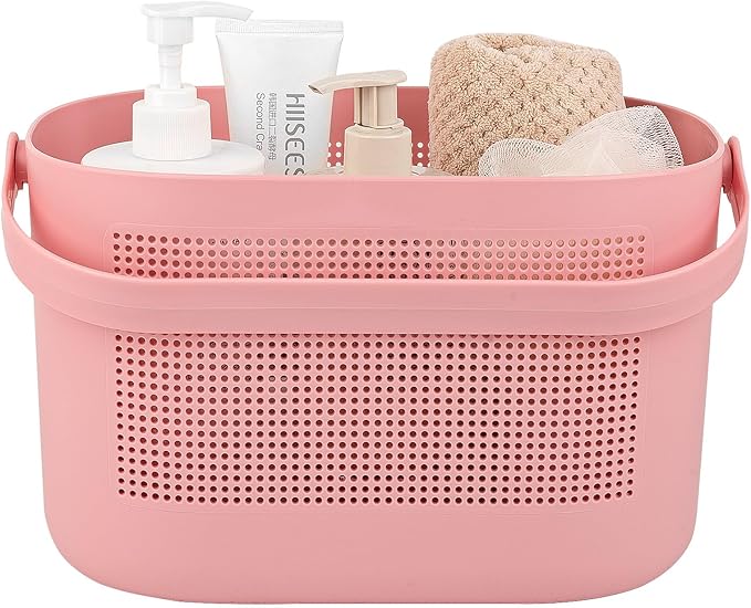 Plastic Portable Shower Caddy Basket, Storage Organizer with Handle, Pink | Bottom Drain Holes, Keep Dry, Sturdy and Durable, Easy to Carry for Bathroom, Kitchen, Dorm Room, RV, College