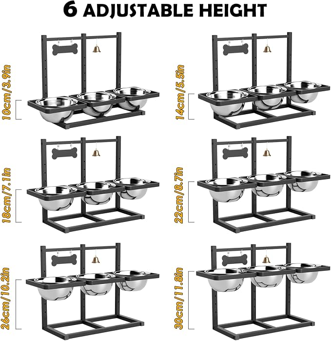 SHAINFUN Elevated Dog Bowls Stand for Medium/Large Dogs with Mat, 6 Height Adjustable Raised Dog Bowl, Three 58oz Food Water Bowls
