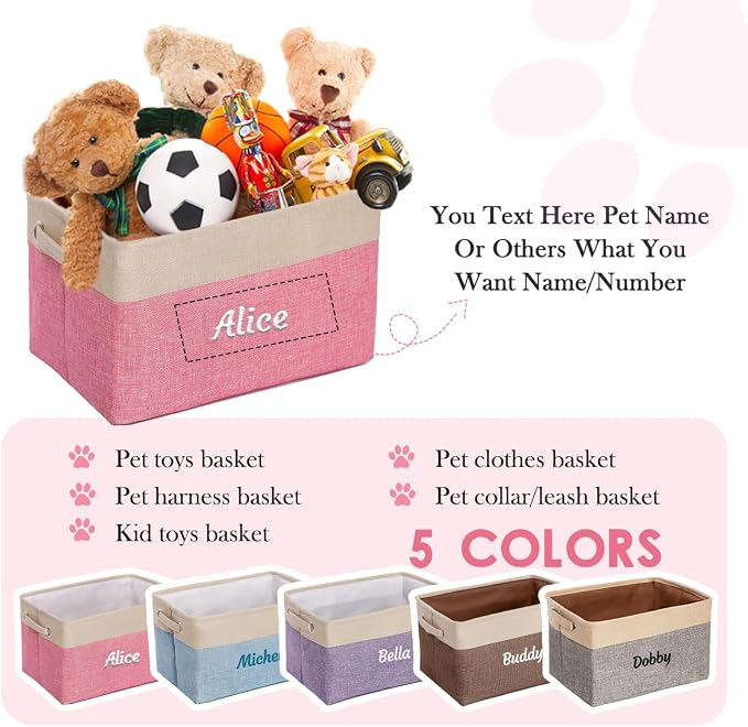 Ulico Personalized Dog Toy Storage Basket, Collapsible Pet Organizer Box With Handles, Custom Toy Bin With Pet's Name, Cat Storage Gift for Dog Lovers, Apparel & Accessories (Pink)