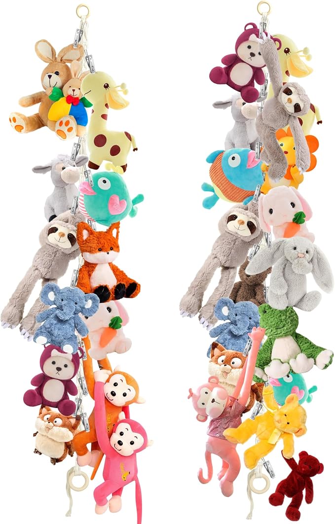 2pcs Stuffed Animal Storage Chain Boho Stuffed Animal Hammock | with 40pcs Metal Clips, Stuff Animal Organizer Hanging Storage for Bedroom Wall Door Display