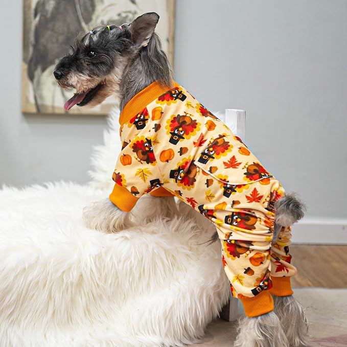PUPTECK Soft Fleece Dog Pajamas for Small Medium Dogs, Dog Onesie Puppy Sweaters Clothes Jumpsuit Pjs, Cute Jammies Cat Coat Pet Costume Apparel, Turkey Orange M