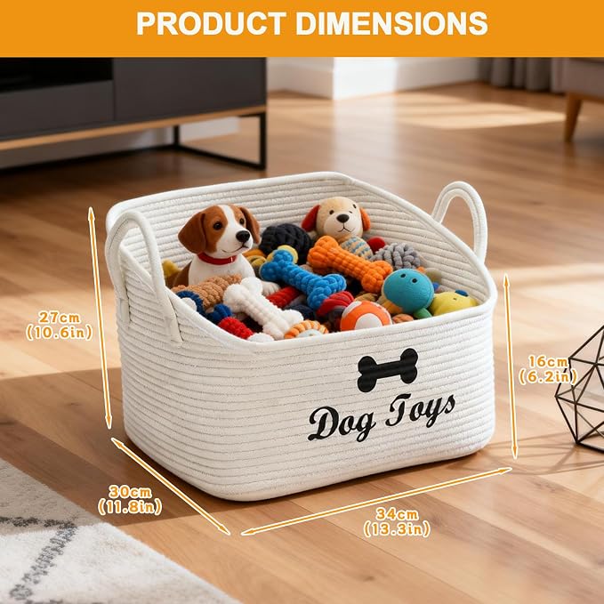Large Dog Toy Basket-Woven Dog Toy Box for Living Room Area-Trapezoid Pet Toys Bin with Handle-Dog Organizer for Toys,Collar,Leash,Blanket -13.4''x11.8''x10.6''-Beige