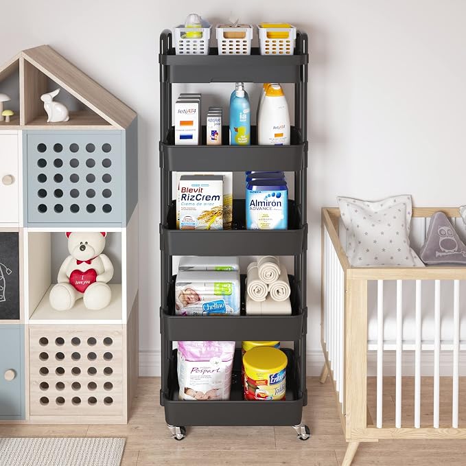 Calmootey 5-Tier Utility Cart with Drawer & Wheels, Storage for Home,Office | Space-Saving Organizer, Sturdy Plastic Shelves, Smooth-Rolling Metal Wheels, Built-in Drawer for Small Items, Black
