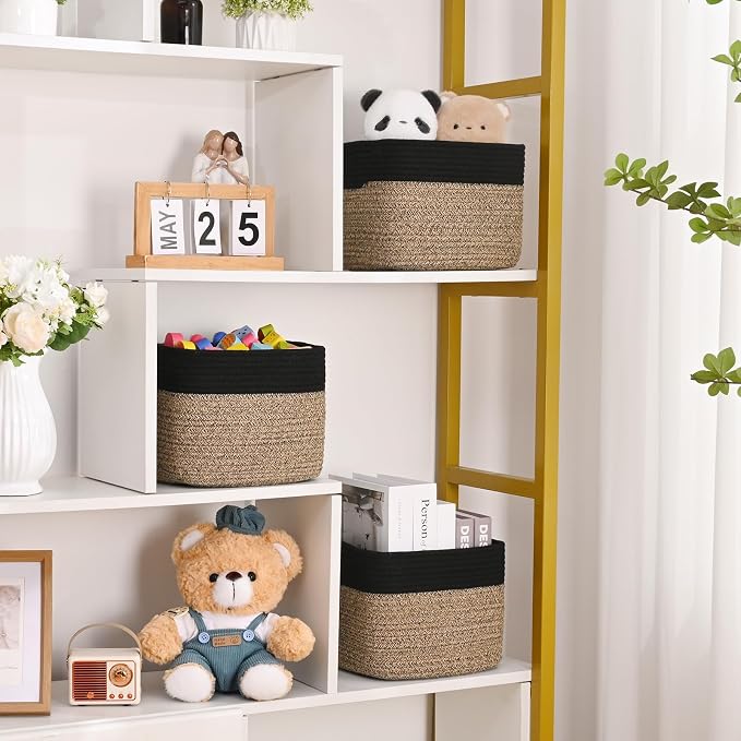 3 Pack Cube Storage Bin, 9”x9”x7” Cotton Rope Woven Baskets for Organizing Toys Clothes Towels, Square Gift Storage Baskets for Shelves, Nursery, Closet, Bathroom, Pantry (Black & Brown)