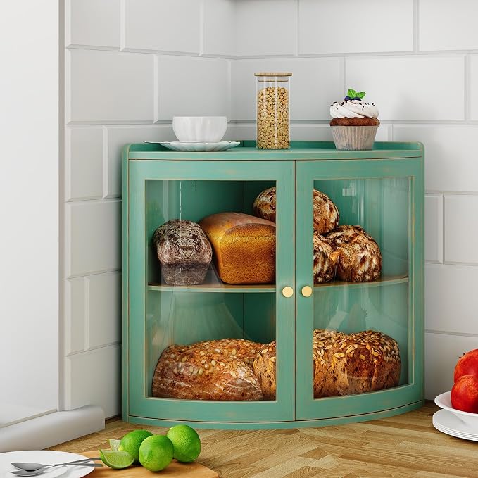 Trironsun Fan Shape Corner Bread Box for Kitchen Counter Double Layer Large Bread Storage Container with Acrylic Doors Farmhouse Wooden Bread Box Organizer for Homemade Bread (Antique Blue)