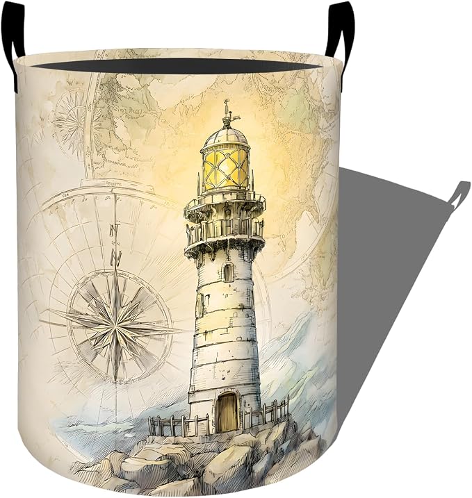 Lighthouse Laundry Basket, Coastal Ocean Compass Map Storage Hamper, Round Collapsible Waterproof Cloth Bin, 19.7x15.7 Inch Rustic Watercolor Clothes Organizer Gifts for Bathroom Decor