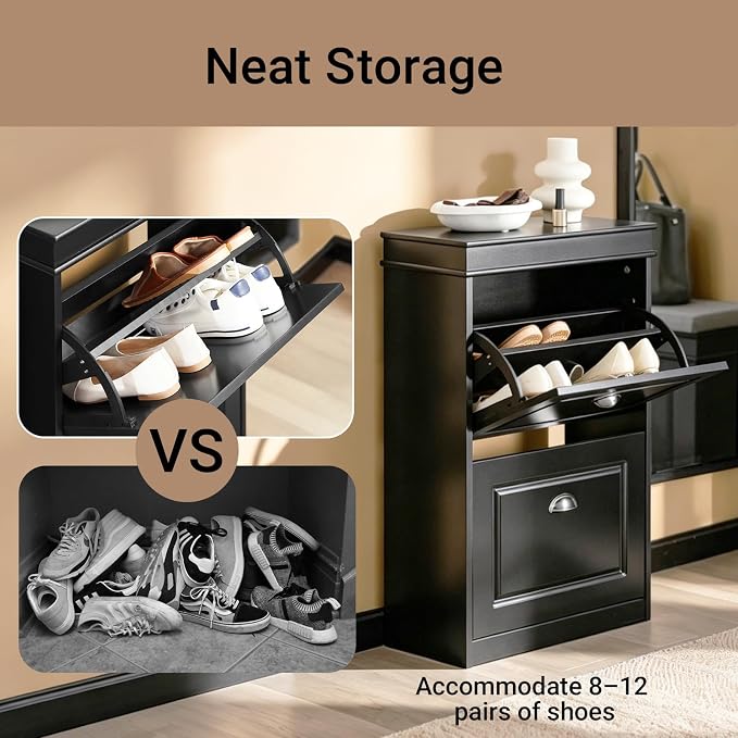 Haotian Small Shoe Cabinet | Two Flip Drawers Freestanding Shoe Rack, Shoe Storage Cupboard Organizer, FSR78-SCH