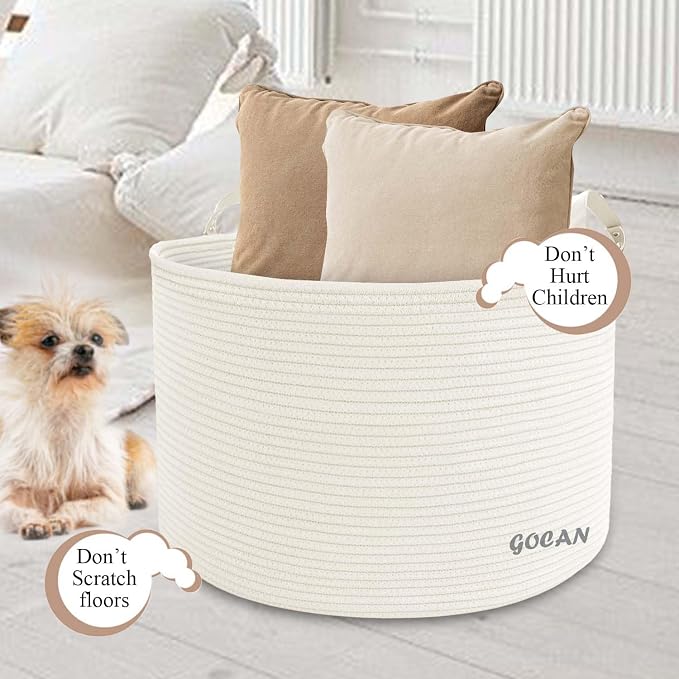 Cotton Rope Woven Laundry Basket 22"X 22"X 14" with handles（Cream）XXXL | Hand-woven, ideal for storing blankets and cushions in the living room, and clothes for household storage.