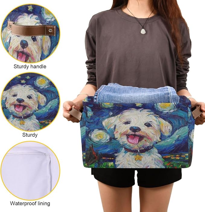 Dog Starry Night Blue Rectangular Storage Bin Basket with Handles - Laundry Hamper Nursery Storage Storage Baskets
