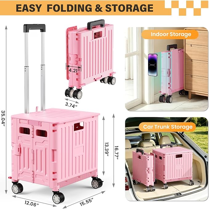 SUNALLY Folding Utility Cart Rolling Crate Handcart Shopping Trolley, Pink | Lockable Collapsible Tool Box with Lid, Rolling Crate With Wheels for Grocery, Travel, Garden, Shop, Office, Luggage, Teacher