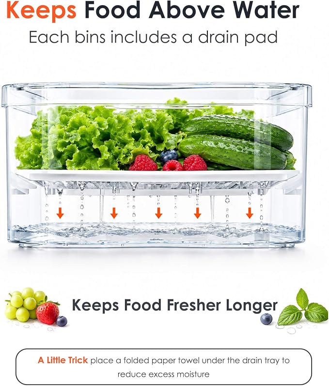 SMRCAD Clear Fridge Bins with Drain Trays - BPA-Free PET, Stackable(3 Pack) | 3 Pack: 1 Drawer + 2 lidded Bins, Helps Keep Produce Fresh, 12.5L Capacity, Hand Wash Only