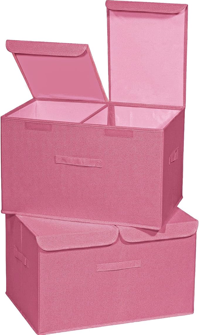 2 Pack Storage Boxes with Lids and Handles, Collapsible Linen Storage Bins Organizer Containers Baskets Cube with Removable Divider for Home Bedroom Closet Office (Pink, XL)