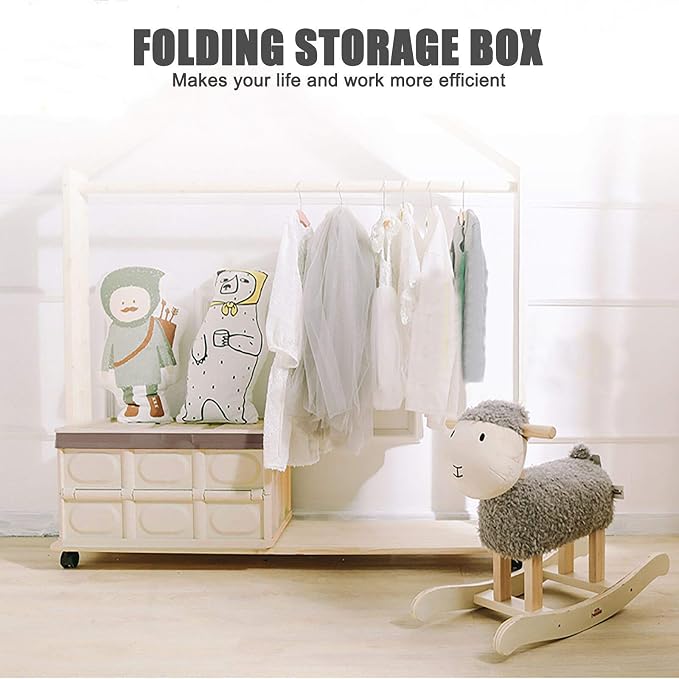 Collapsible Storage Box with lid 30L Lidded Storage Bin Crates Plastic Tote Container Stackable Folding Utility Crates Shelf Basket for Clothes Books Snack Shoe Storage Container (Khaki)